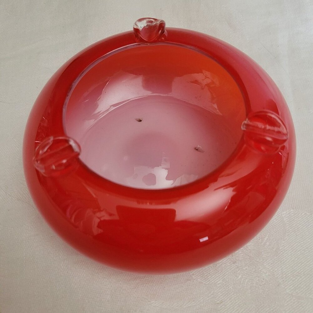Ashtray Blown Art Glass Red Round Art Deco MCM Retro Regency Trinket Dish Vtg